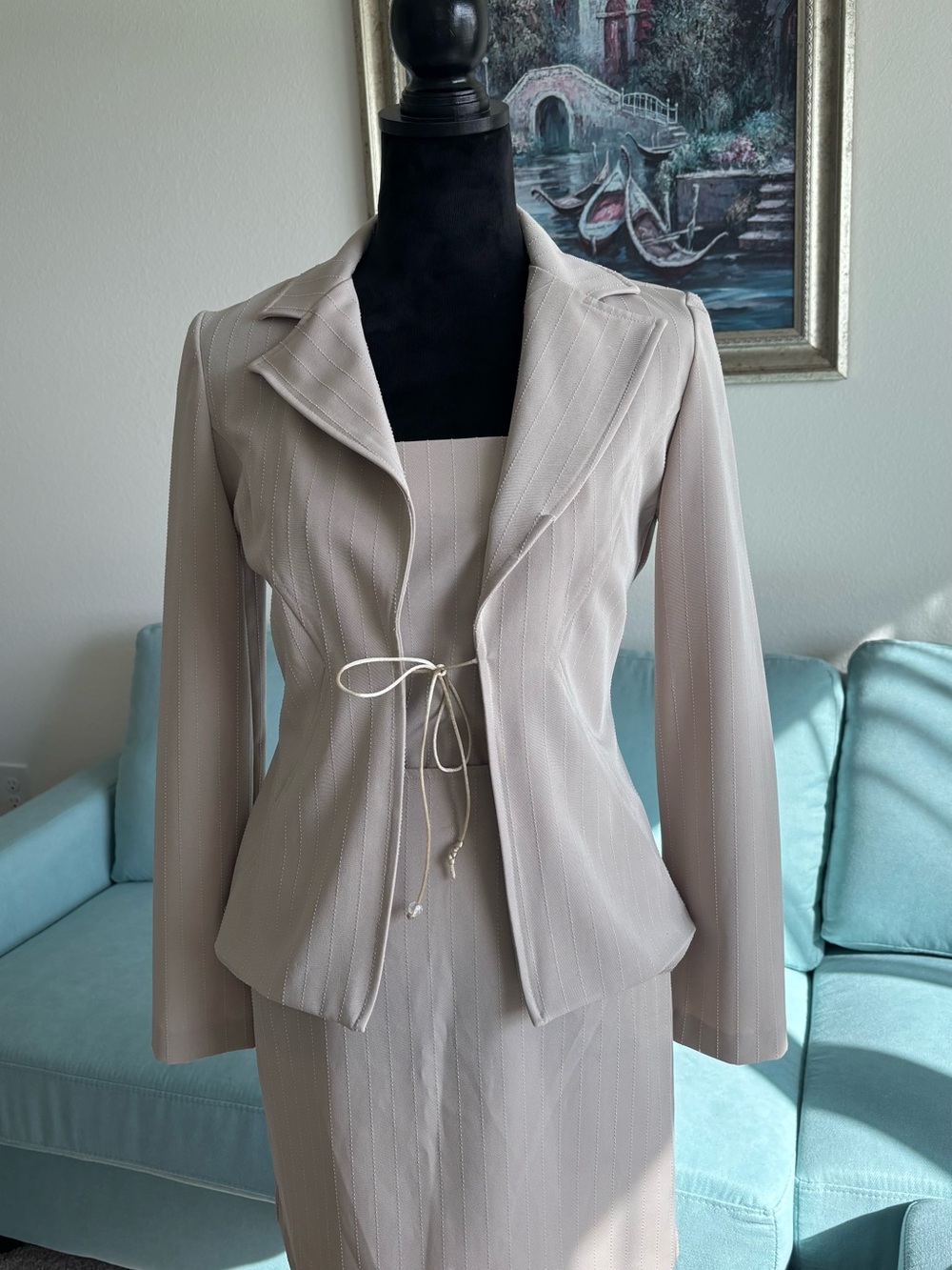 4-Piece Beige Pinstripe Set |Blazer, Corset Top, Pants /Mini Skirt | XS-S - Picture 3 of 15